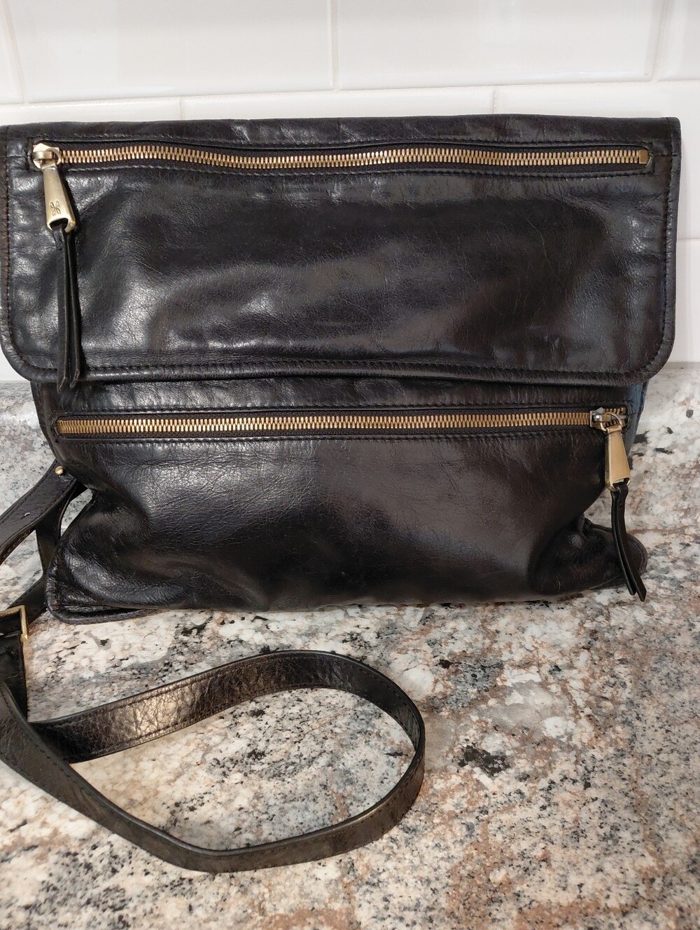HOBO Black Leather Fold-Over Crossbody with Gold Zippers